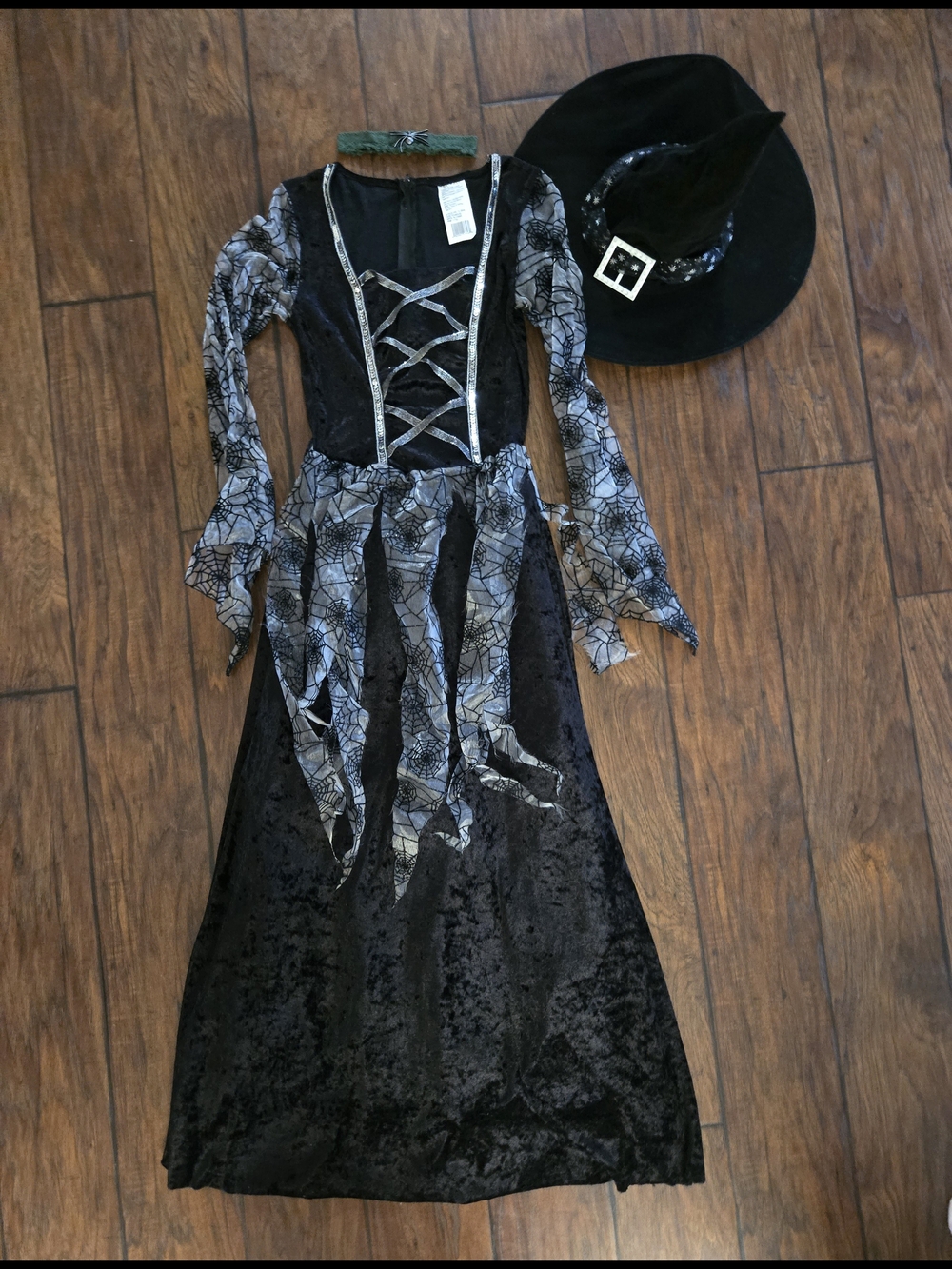 Black Velvet Witch Costume Dress with Silver Spiderweb Accents Size Small